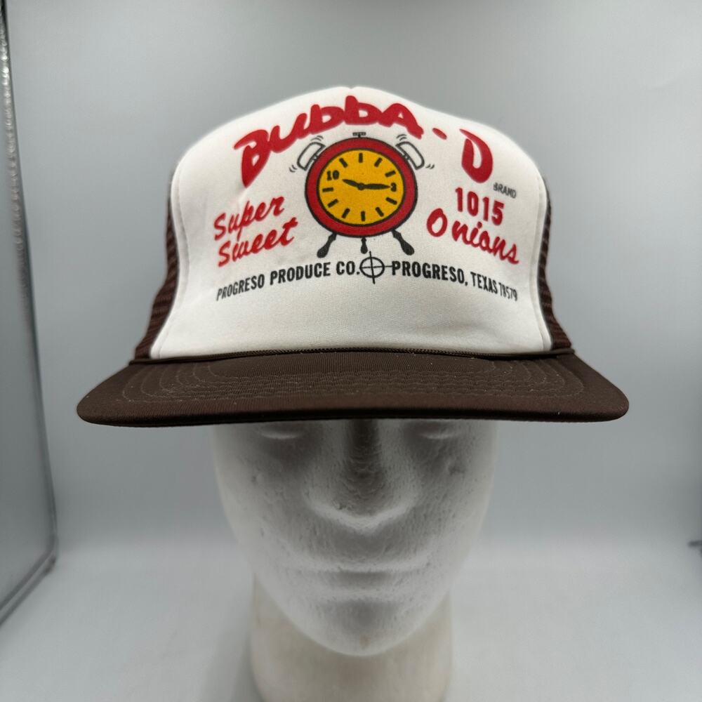 Vintage 90s Bubba D Super Sweet Onions Trucker Hat Clock Mesh Brown